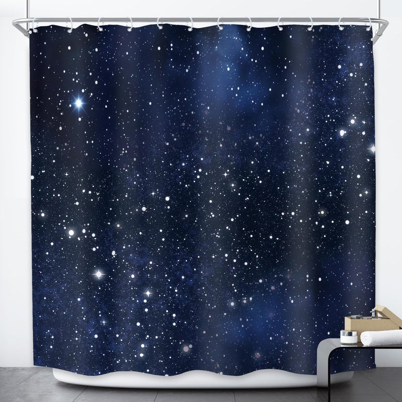 Riyidecor Night Sky Space Shower Curtain (No Glitter) Star Bathroom Decor 72Wx72H Inch Galaxy Starry Dark Blue Cosmic Fantasy Universe Nebula Outer Space Fabric Waterproof 12 Plastic Hooks - Image 1